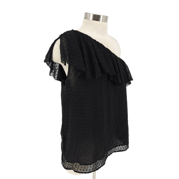 Paige Shandi Blouse Silk Black Ruffle Flutter One Shoulder Lined Top Large - Picture 3 of 10
